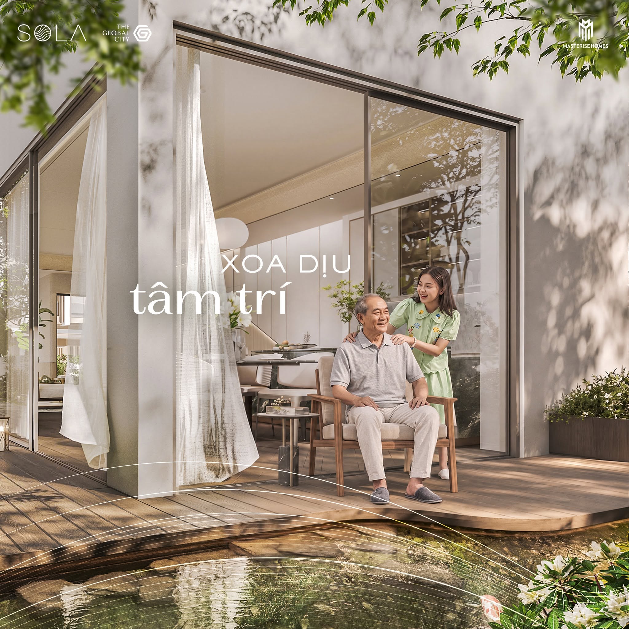 Một người đàn ông lớn tuổi ngồi trên ghế gỗ ở hiên nhà, nhìn ra hồ nước. Một phụ nữ trẻ đứng phía sau, đặt tay lên vai ông. Bên trong nhà là không gian nội thất sang trọng.