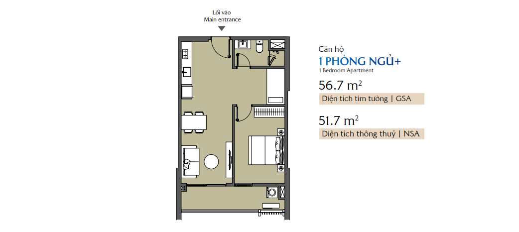Layout căn hộ 1 phòng ngủ Plus Masteri Cosmo Central