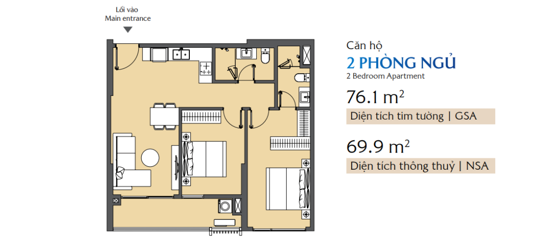 Layout căn hộ 2 phòng ngủ Masteri Cosmo Central