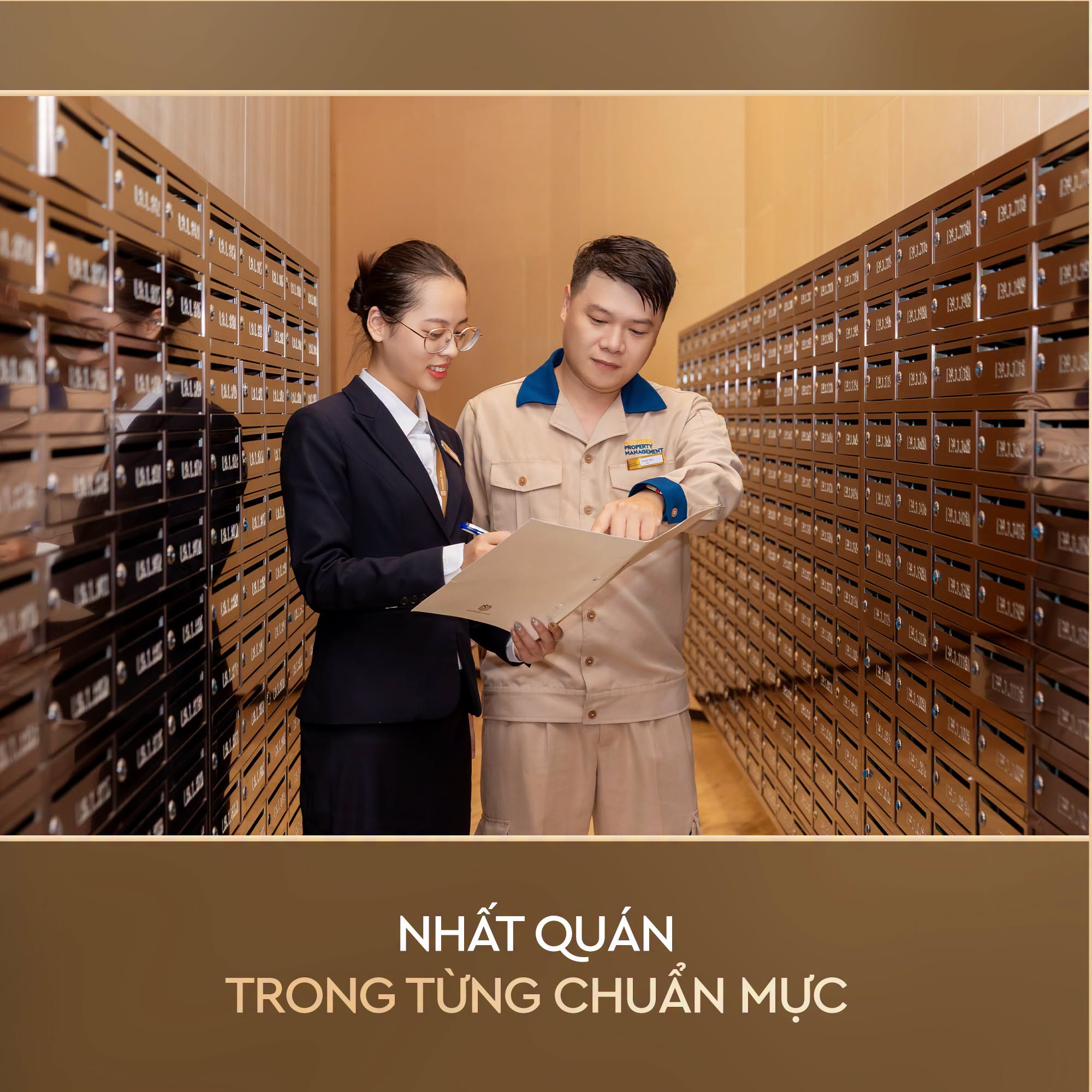 Hai nhân viên (một nữ mặc vest, một nam mặc đồng phục có phù hiệu "PROPERTY MANAGEMENT") đang xem tài liệu trong phòng chứa nhiều hộp thư.